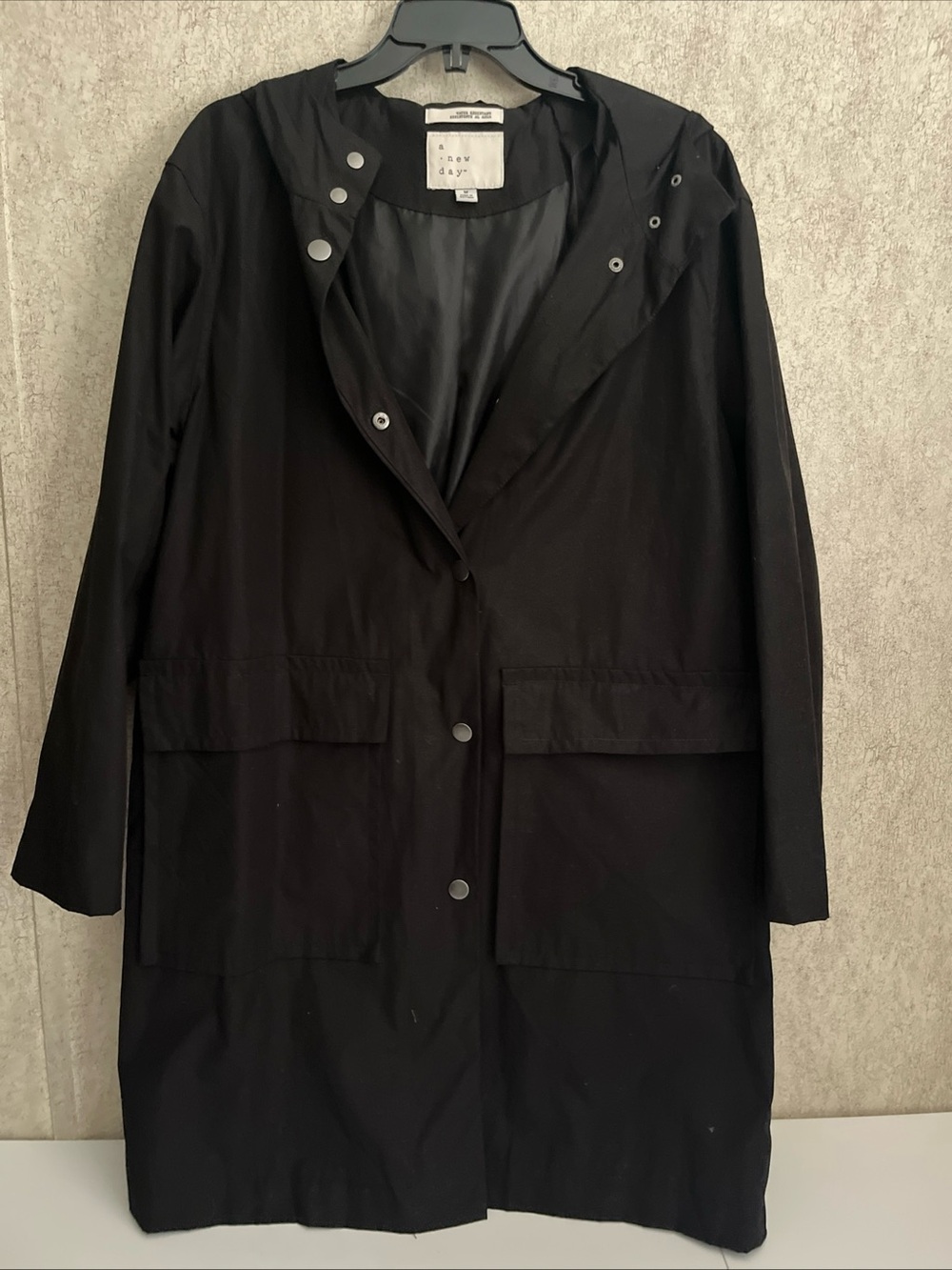 A New Day Hooded Rain Coat Trench Coat Water Resistant Pockets Black Women’s Med